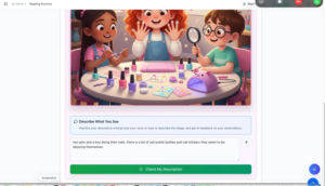 Reading Practice Describe What You See writing feedback showing 85 out of 100 score with great observations and tips for next time