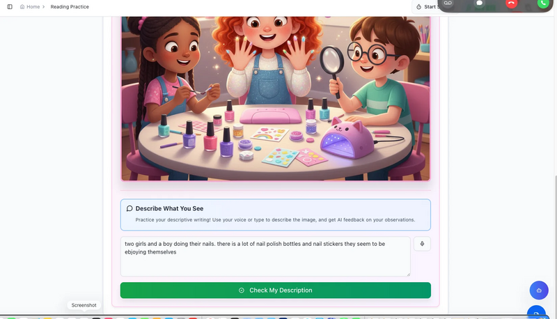 Reading Practice Describe What You See writing feedback showing 85 out of 100 score with great observations and tips for next time