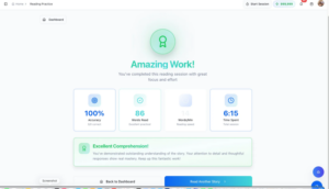 Reading Practice results screen showing Amazing Work with 100 percent accuracy 86 words read 14 words per minute and Excellent Comprehension badge