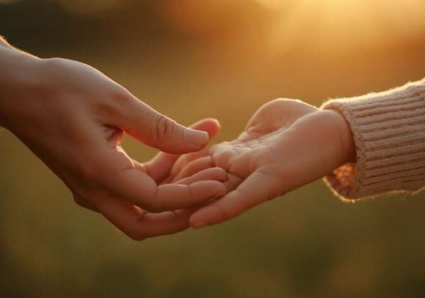 Adult hand gently releasing a child's hand in warm golden light symbolizing a parent learning to let go and trust their child to lead