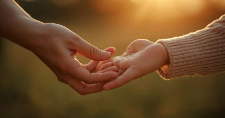 Adult hand gently releasing a child's hand in warm golden light symbolizing a parent learning to let go and trust their child to lead