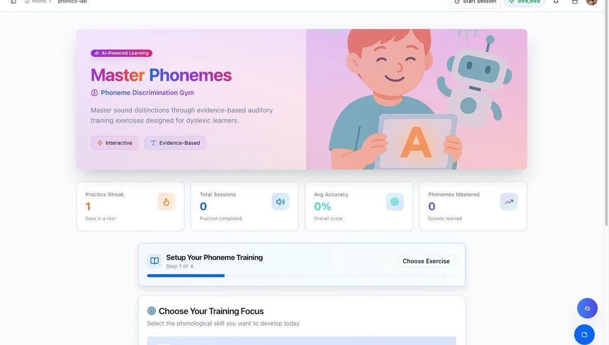 Phonics Lab dashboard showing practice streak, sessions, accuracy, and phonemes mastered for dyslexia auditory training