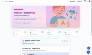 Phonics Lab dashboard showing practice streak, sessions, accuracy, and phonemes mastered for dyslexia auditory training