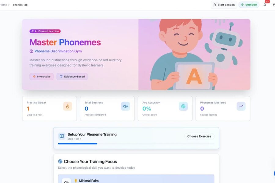Phonics Lab dashboard showing practice streak, sessions, accuracy, and phonemes mastered for dyslexia auditory training