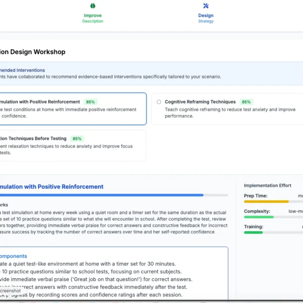 EZducate multi-agent AI recommended intervention strategies showing Test Simulation Cognitive Reframing and Relaxation Techniques with 85 percent match scores