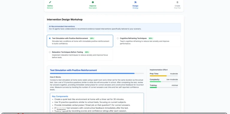EZducate multi-agent AI recommended intervention strategies showing Test Simulation Cognitive Reframing and Relaxation Techniques with 85 percent match scores