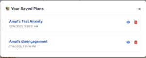 EZducate Plan Library showing saved behavior intervention plans including Amals Test Anxiety with dates and view delete options