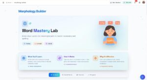 EZRead Morphology Builder Word Mastery Lab landing page showing progress tracker with streak and words mastered