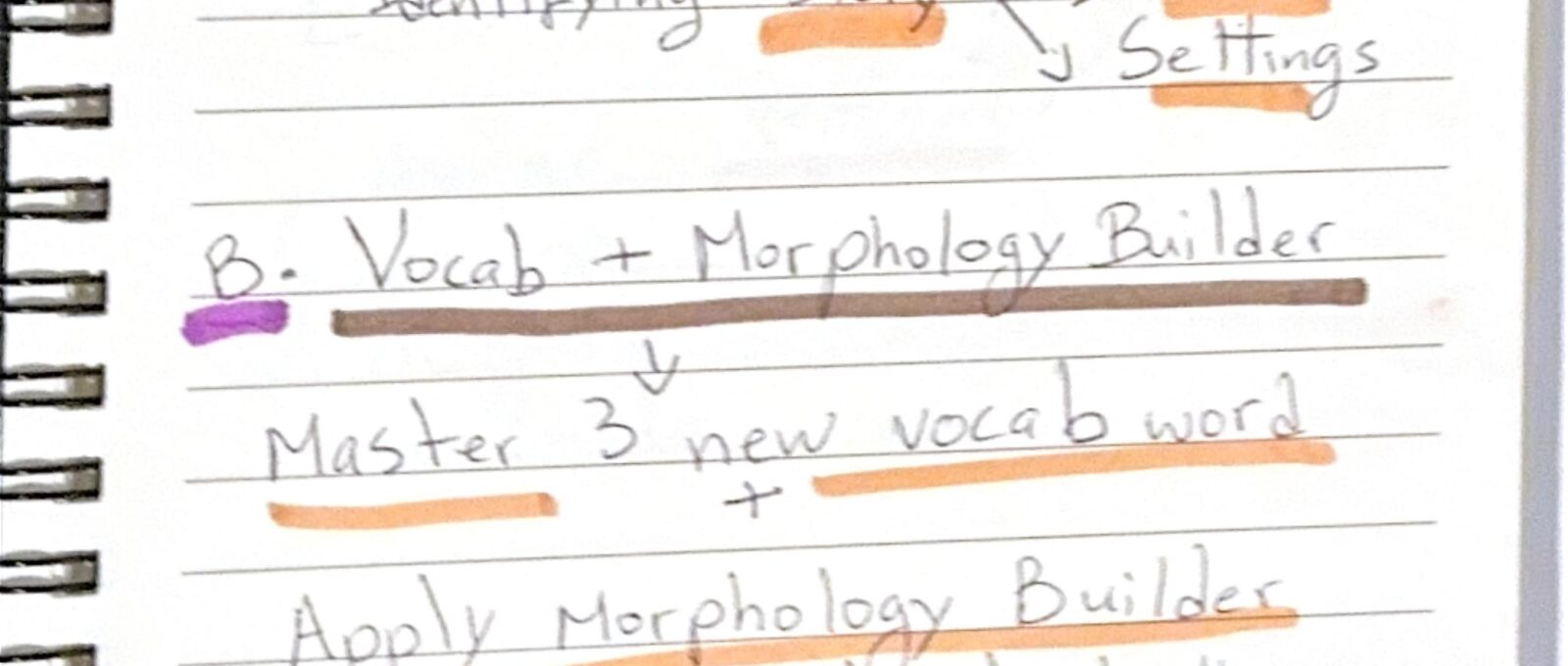 Handwritten Week 3 Learning Path notes showing AI Reading Stories 20 minutes daily, Vocab and Morphology Builder master 3 new words, and Reading Buddy one discussion a day exploring themes and predictions