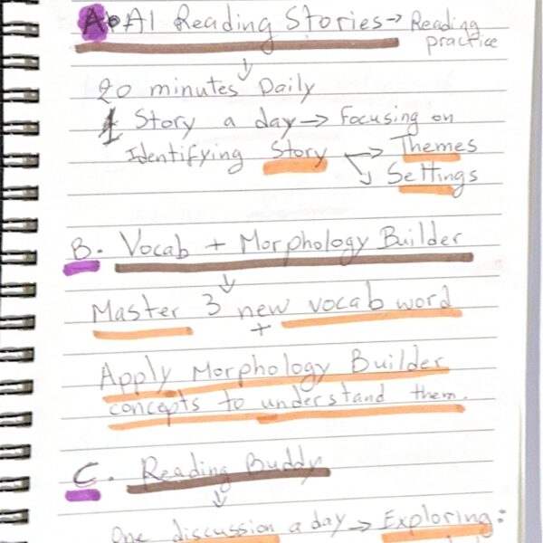 Handwritten Week 3 Learning Path notes showing AI Reading Stories 20 minutes daily, Vocab and Morphology Builder master 3 new words, and Reading Buddy one discussion a day exploring themes and predictions