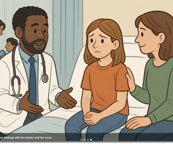 Social story illustration of a girl sharing her feelings with a doctor and her mom at the hospital