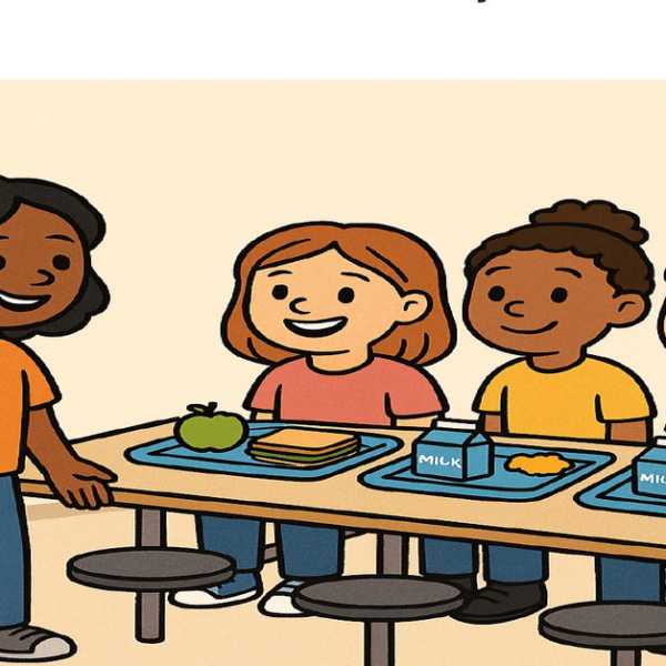 Diverse group of children at a school lunch table welcoming a new friend - social story illustration for teaching emotions and friendship skills
