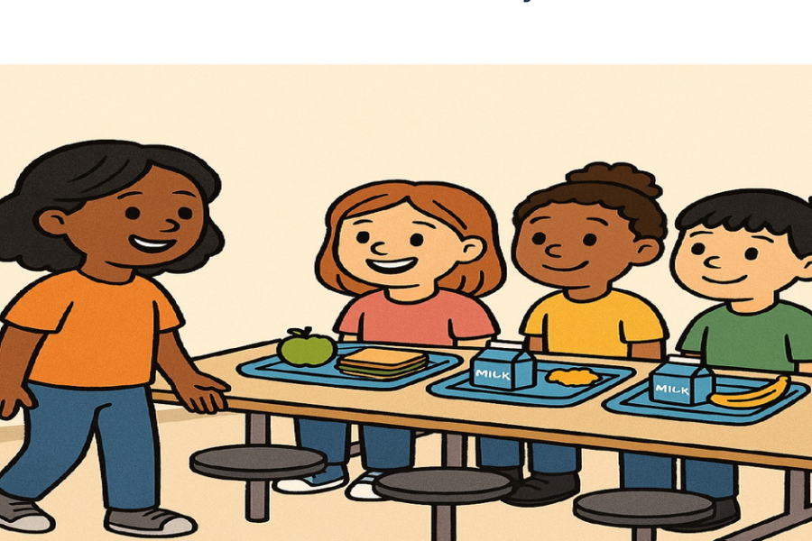 Diverse group of children at a school lunch table welcoming a new friend - social story illustration for teaching emotions and friendship skills