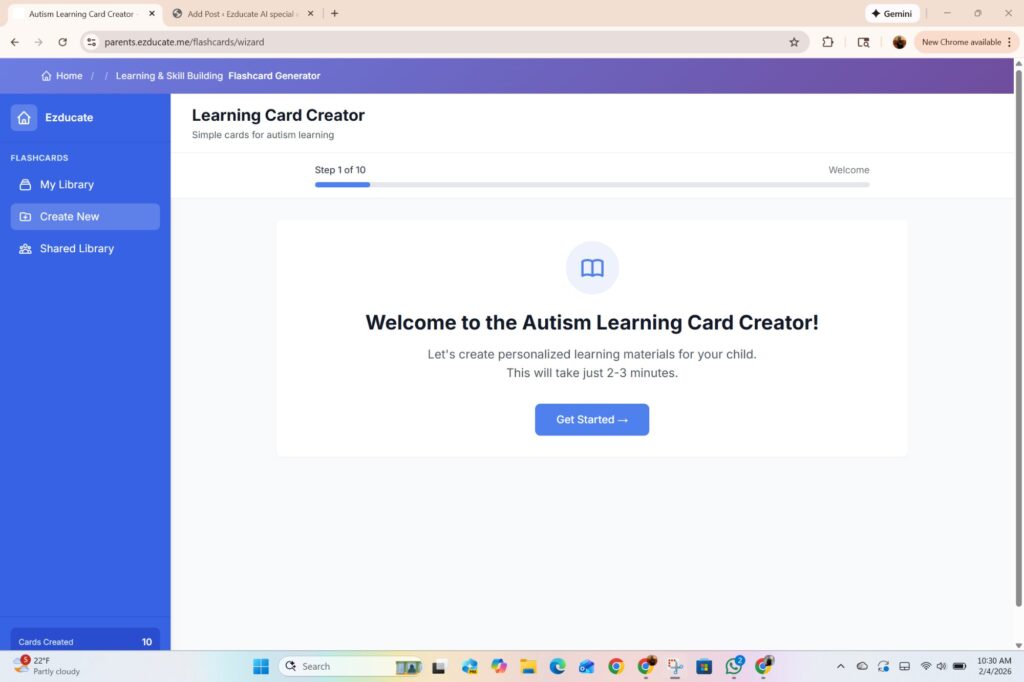 EZducate Learning Card Creator welcome screen showing Step 1 of 10 with Get Started button for creating personalized flashcards