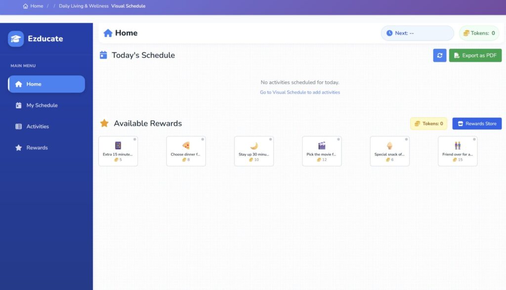 EZducate Visual Schedule home dashboard showing Today's Schedule, Available Rewards, and Export as PDF button