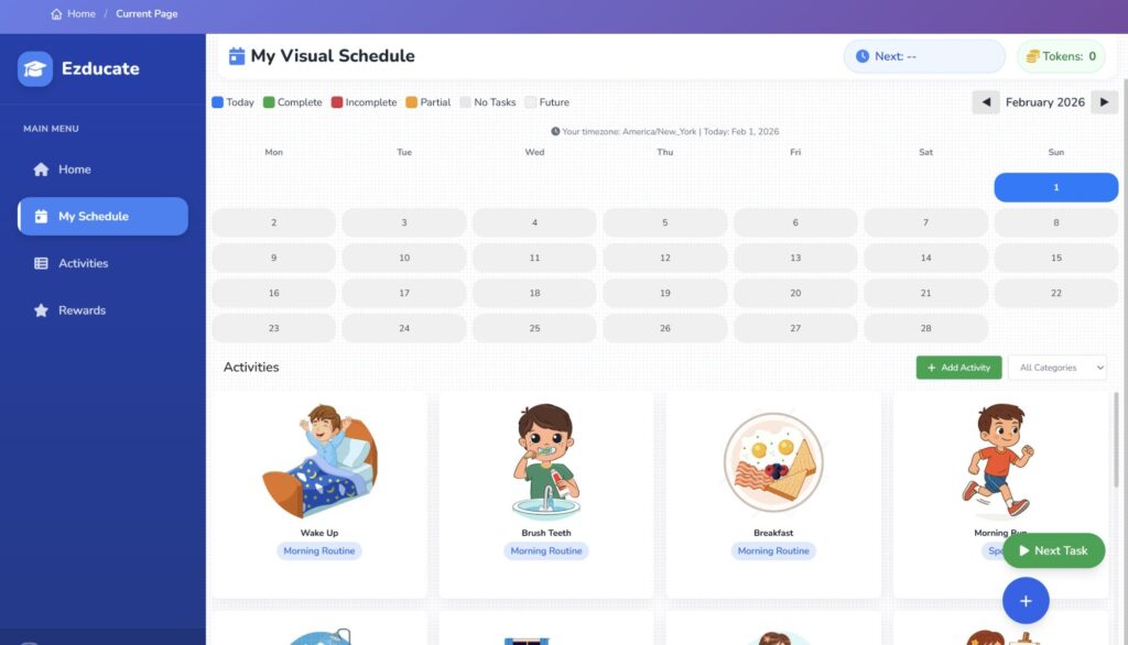 EZducate Visual Schedule calendar view with pre-built activity cards including Wake Up, Brush Teeth, Breakfast, and Morning Run