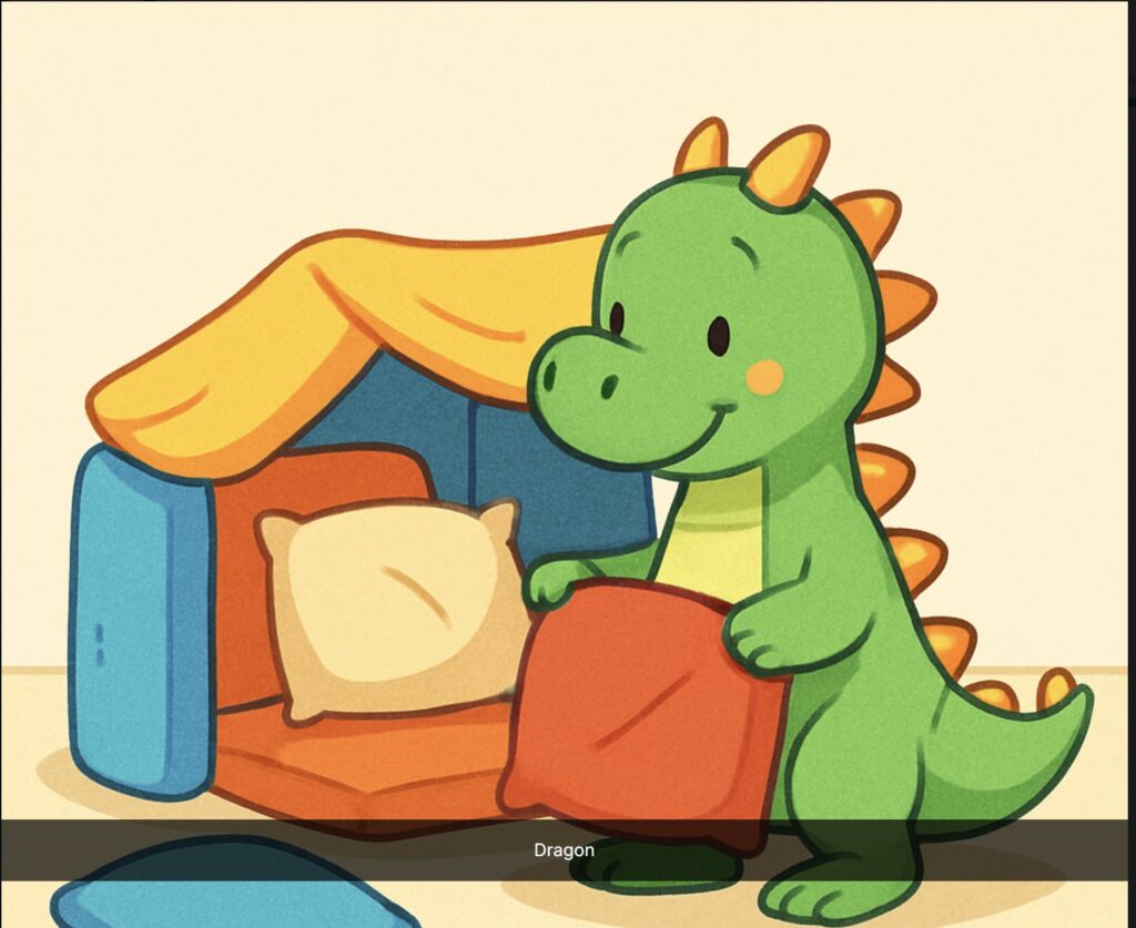 Cartoon dragon building a colorful pillow fort flashcard
Caption: Dragon building a pillow fort — Cartoon Style picture card
Description: Full view of a cartoon dragon flashcard showing the dragon building a pillow fort with colorful cushions and blankets
