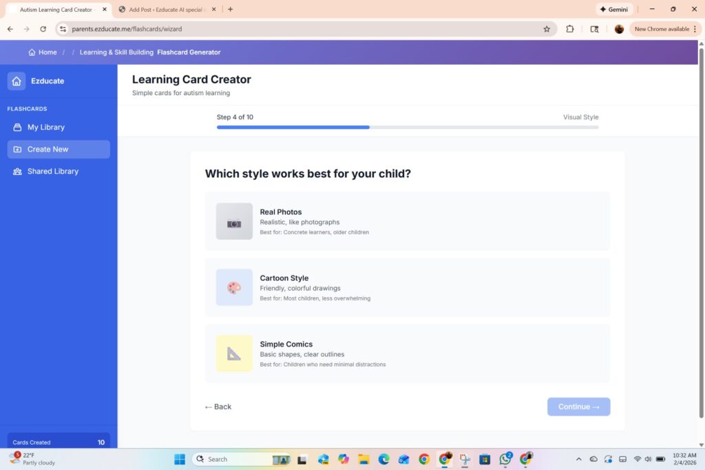 EZducate Flash Cards Step 4 Visual Style showing three options Real Photos Cartoon Style and Simple Comics with descriptions of which children each works best for