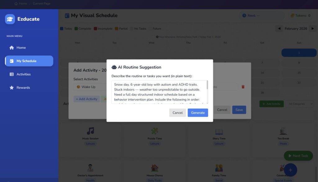 EZducate AI Routine Suggestion dialog with snow day prompt for 6-year-old with autism and ADHD traits