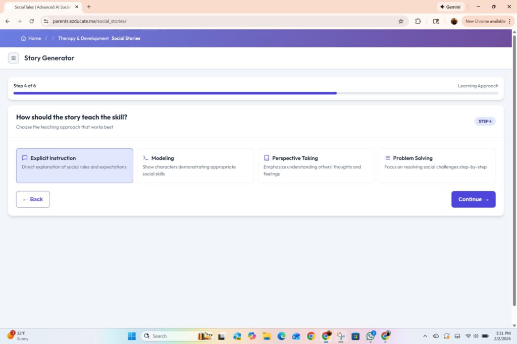 EZducate Social Stories Step 4 Learning Approach showing four teaching method options: Explicit Instruction, Modeling, Perspective Taking, and Problem Solving