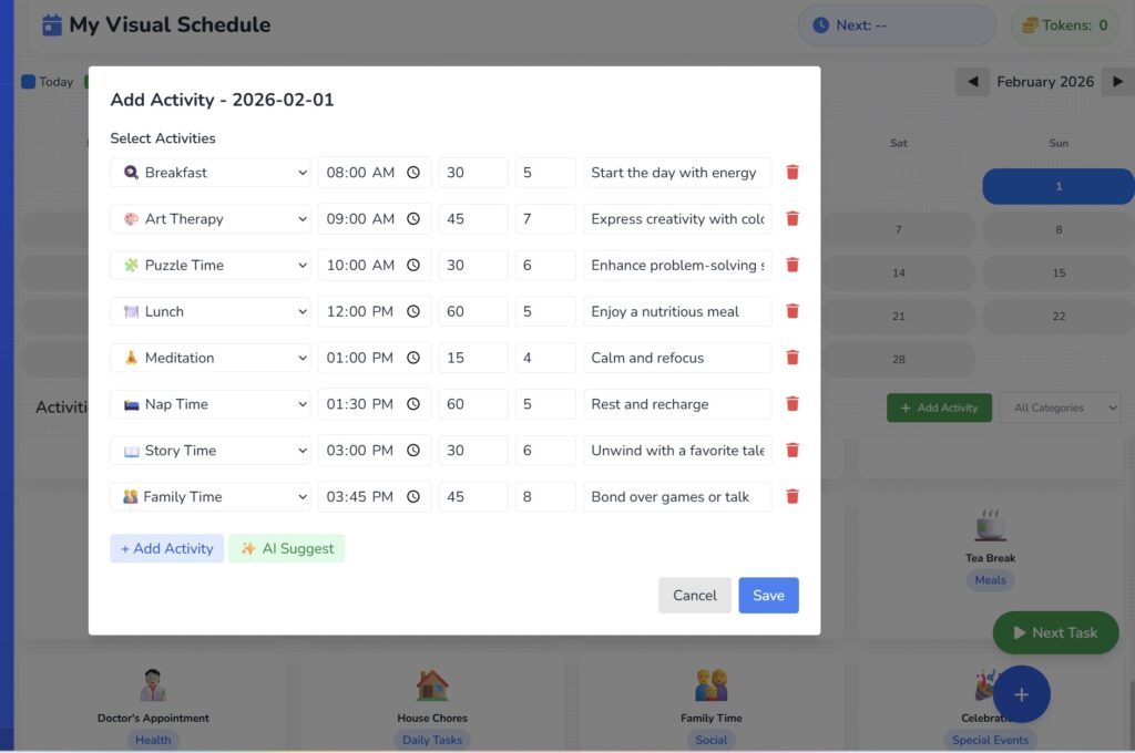 EZducate AI-generated daily schedule showing eight activities from Breakfast through Family Time with times, durations, and token values