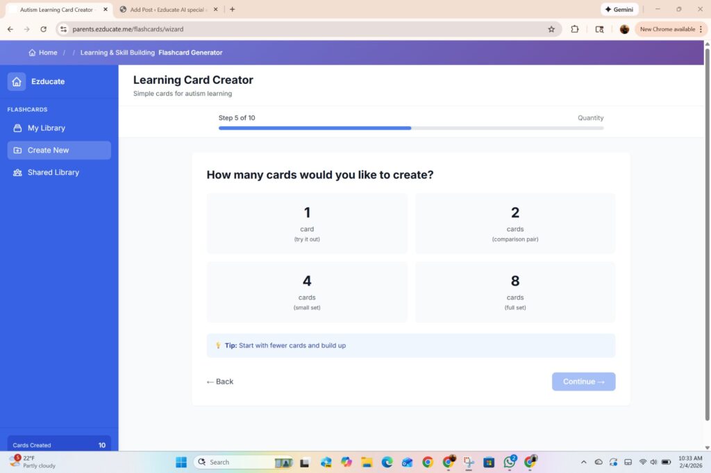 EZducate Flash Cards Step 5 Quantity showing four options 1 card try it out 2 cards comparison pair 4 cards small set and 8 cards full set