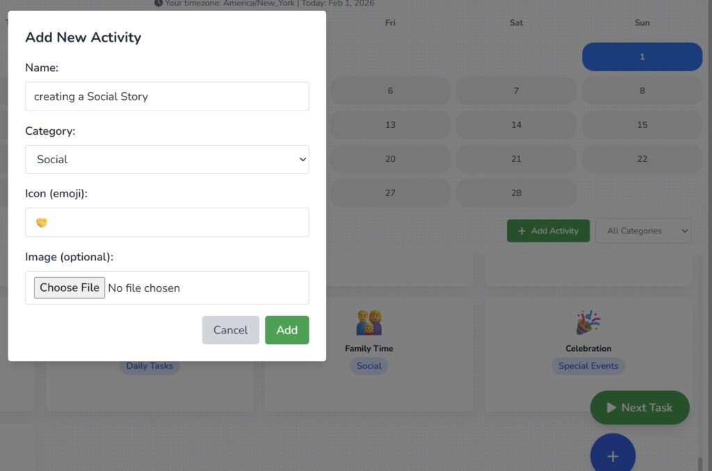 EZducate Add New Activity dialog creating a Social Story activity with category, emoji icon, and image upload option