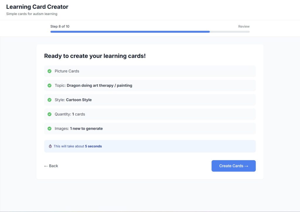 EZducate Flash Card Creator review screen for dragon doing art therapy
Caption: Review screen — Dragon doing art therapy / painting, Cartoon Style, 1 card
Description: Step 8 review screen showing card settings: Picture Cards, topic Dragon doing art therapy / painting, Cartoon Style, 1 card, 1 new image to generate