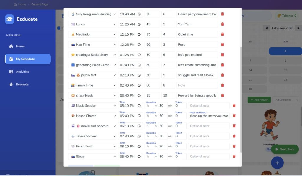 EZducate complete customized snow day schedule showing 20 activities from morning dancing through sleep with times, durations, and token values