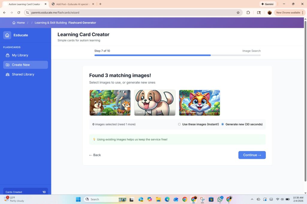 EZducate Flash Cards Step 7 Image Search showing 3 matching cartoon animal images with options to use existing images instantly or generate new ones in 30 seconds