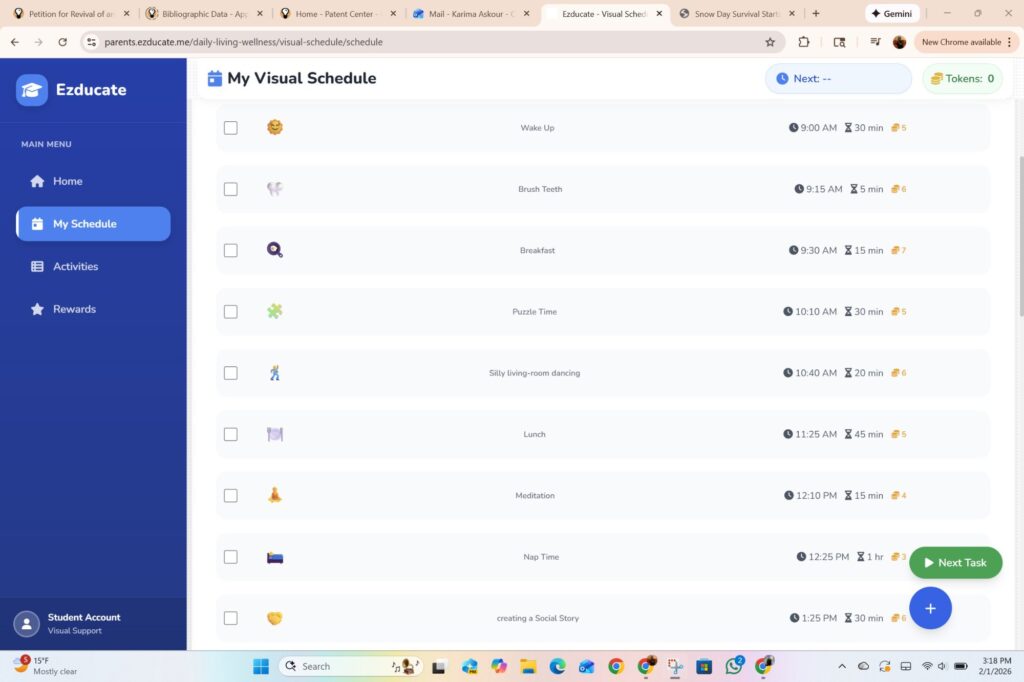 EZducate Visual Schedule student view showing emoji-driven activity list with Wake Up, Brush Teeth, Breakfast, Puzzle Time, and token rewards