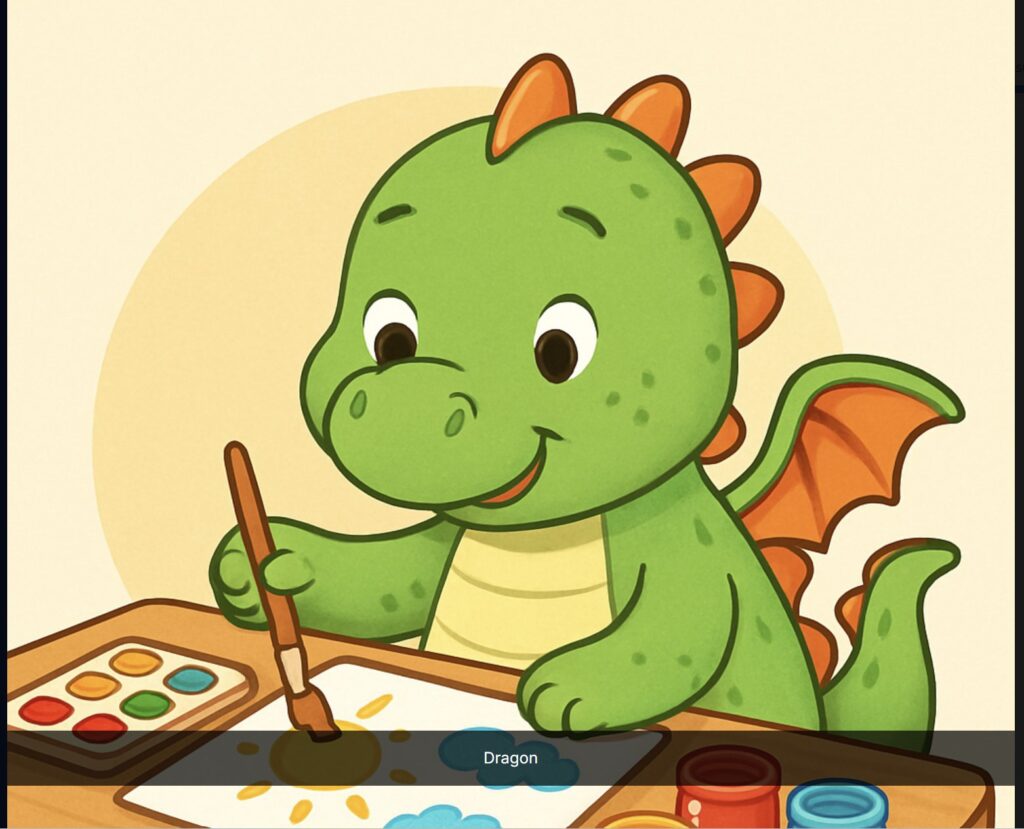 Cartoon dragon painting with watercolors flashcard
Caption: Dragon doing art therapy — Cartoon Style picture card
Description: Full view of a cartoon dragon flashcard showing the dragon painting with a brush and watercolor palette
