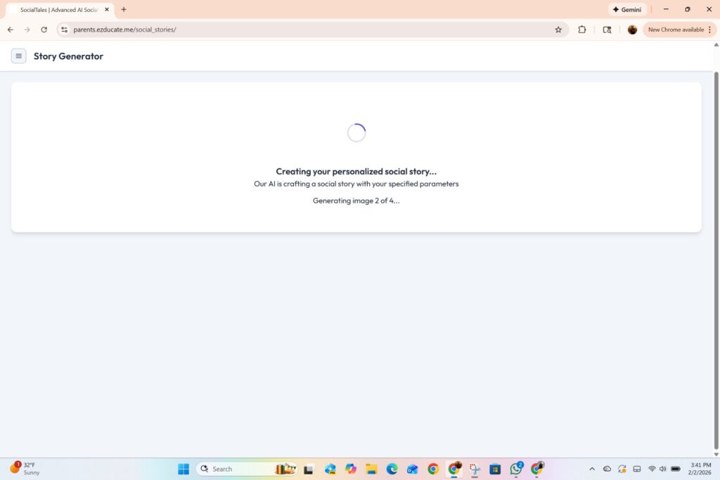 EZducate Social Stories regenerating screen showing Generating image 2 of 4 after user hit the Regenerate button