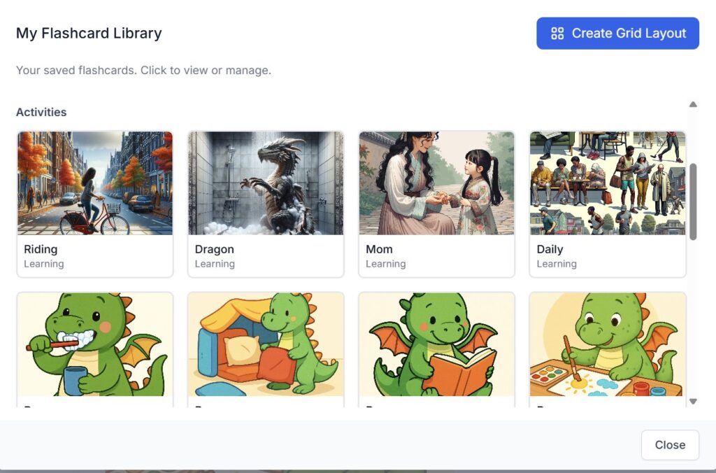 EZducate My Flashcard Library showing four dragon activity cards saved
Caption: My Flashcard Library — all four dragon snow day cards saved
Description: My Flashcard Library view showing four cartoon dragon flashcards in the bottom row: brushing teeth, pillow fort, reading, and painting, with Create Grid Layout button visible
