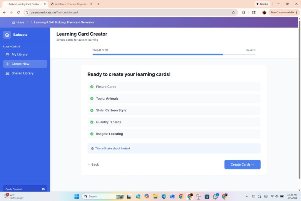 EZducate Flash Cards Step 8 Review showing summary with Picture Cards topic Animals Cartoon Style 1 card 1 existing image and instant creation time
