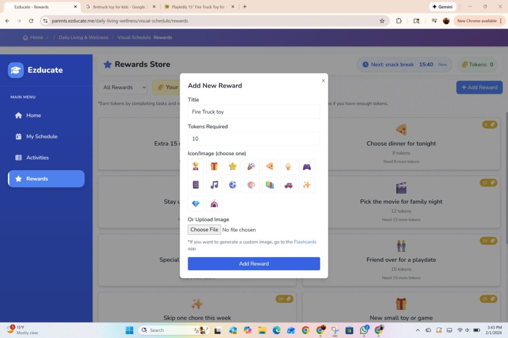 EZducate Add New Reward dialog showing Fire Truck toy reward with 10 tokens required, emoji icons, and image upload option