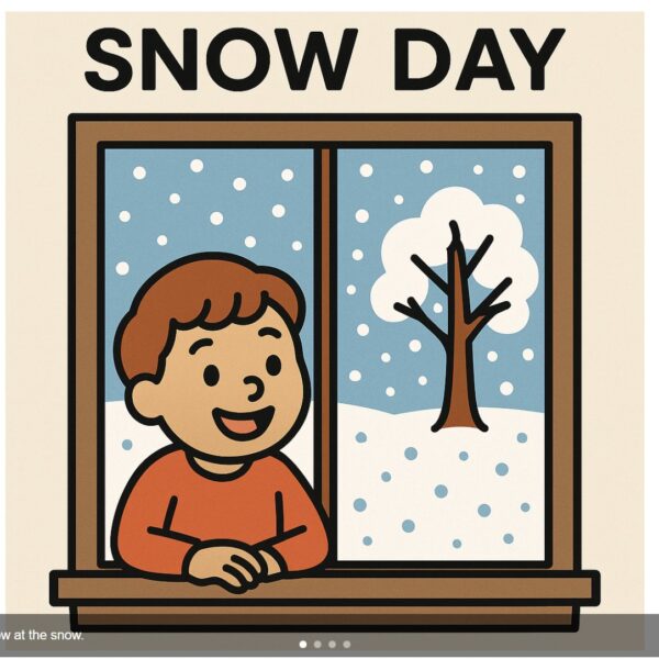 EZducate AI-generated social story illustration showing a happy boy looking out a window at falling snow with SNOW DAY text above