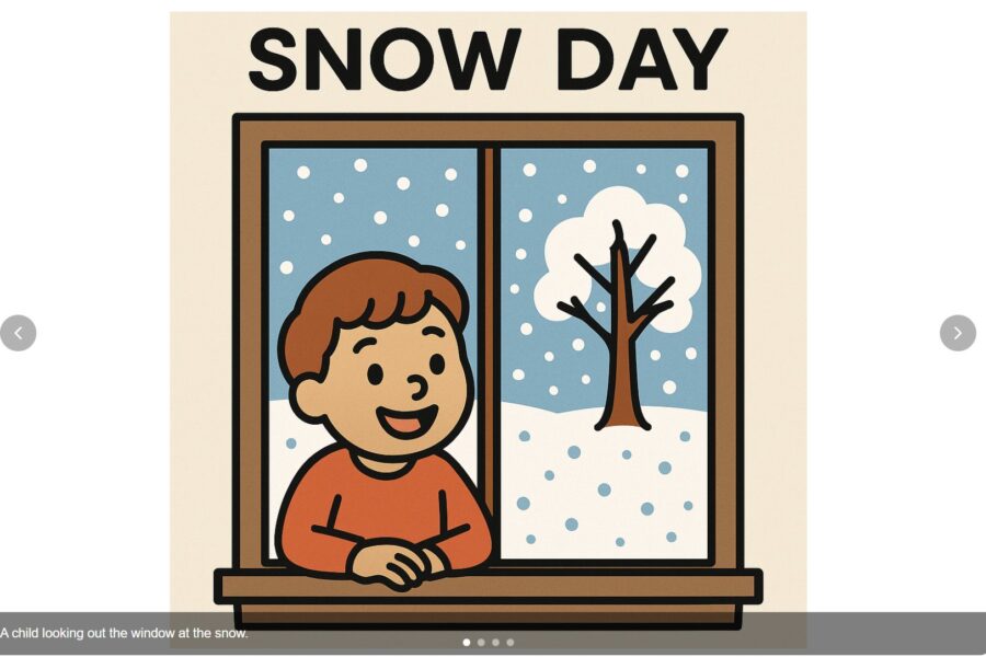 EZducate AI-generated social story illustration showing a happy boy looking out a window at falling snow with SNOW DAY text above