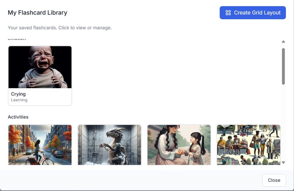 EZducate My Flashcard Library showing saved cards organized by category including Emotions and Activities with Create Grid Layout button