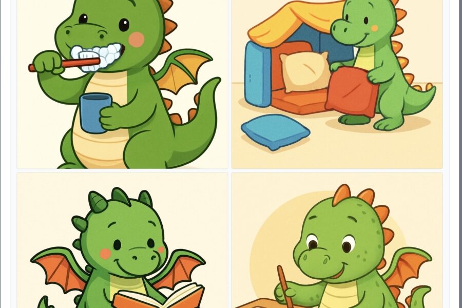 2x2 grid preview showing four dragon activity flashcards Caption: Grid preview — brushing teeth, pillow fort, reading, and painting Description: Preview of the completed 2x2 grid layout showing all four dragon flashcards: brushing teeth top left, pillow fort top right, reading bottom left, painting bottom right