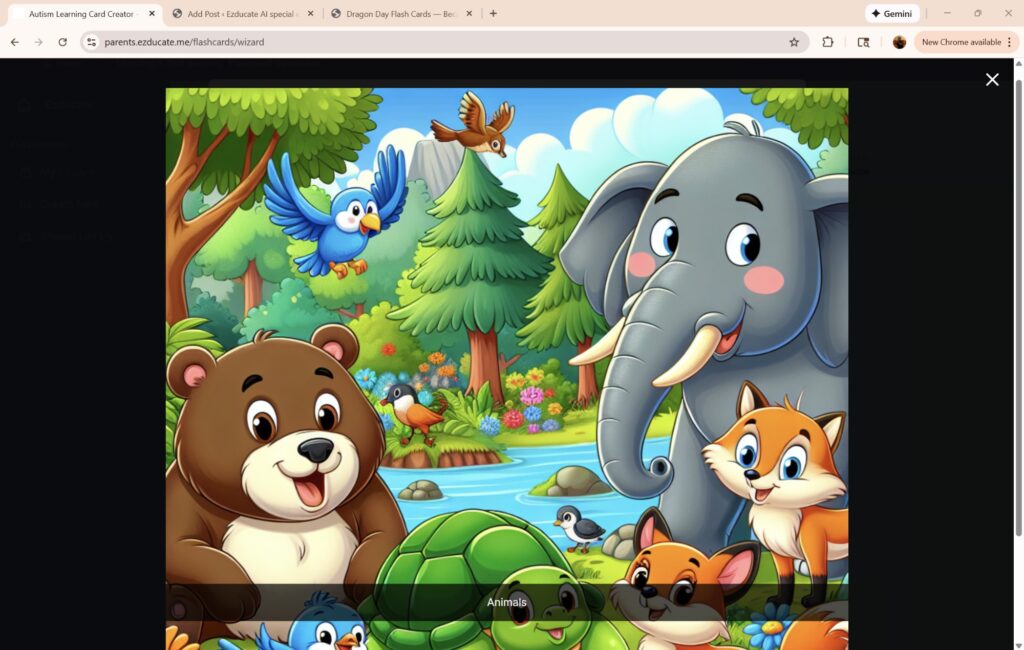 EZducate Flash Card fullscreen view showing AI-generated cartoon animals including bear elephant fox bird and turtle in a colorful forest scene