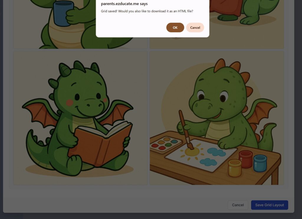 EZducate grid saved dialog offering HTML file download
Caption: Grid saved — download as HTML to print
Description: Save confirmation dialog from EZducate showing Grid saved message with option to download the grid as an HTML file for printing