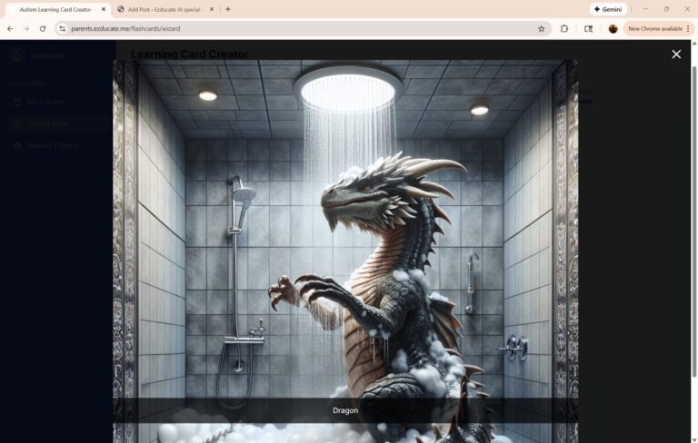 AI-generated realistic dragon taking a shower with soap suds and steam from EZducate Flash Cards learning tool