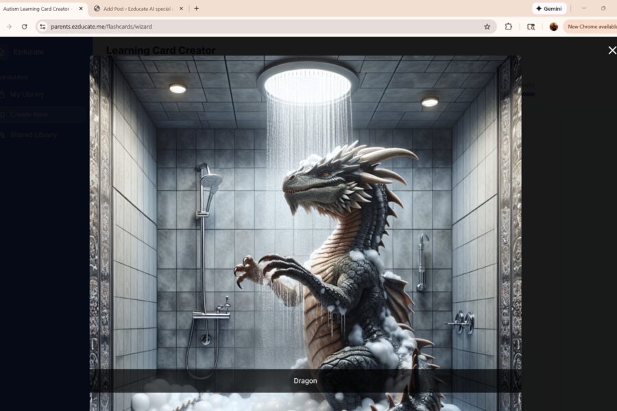 AI-generated realistic dragon taking a shower with soap suds and steam from EZducate Flash Cards learning tool