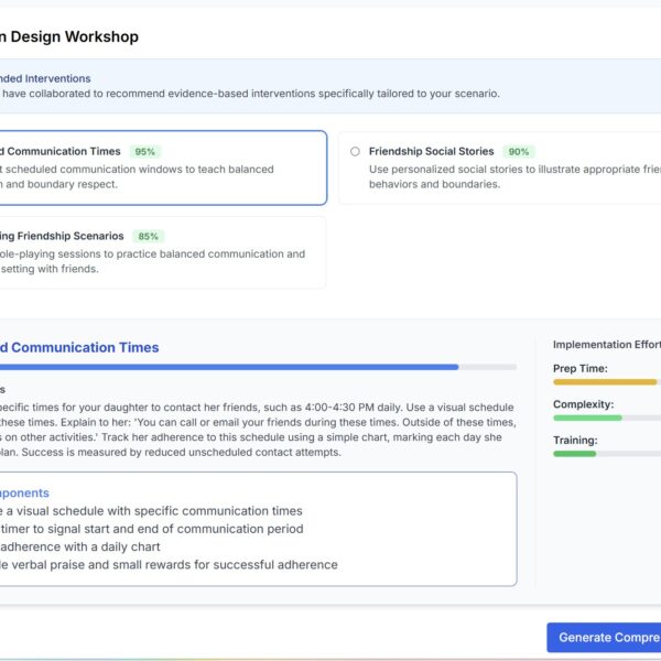 EZducate AI-recommended interventions showing Scheduled Communication Times 95 percent Friendship Social Stories 90 percent and Role-Playing Friendship Scenarios 85 percent