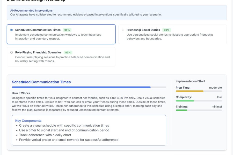 EZducate AI-recommended interventions showing Scheduled Communication Times 95 percent Friendship Social Stories 90 percent and Role-Playing Friendship Scenarios 85 percent