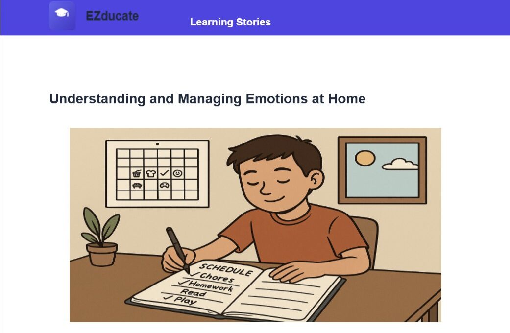 EZducate Social Story illustration showing a boy writing in his schedule with a visual calendar on the wall - Understanding and Managing Emotions at Home