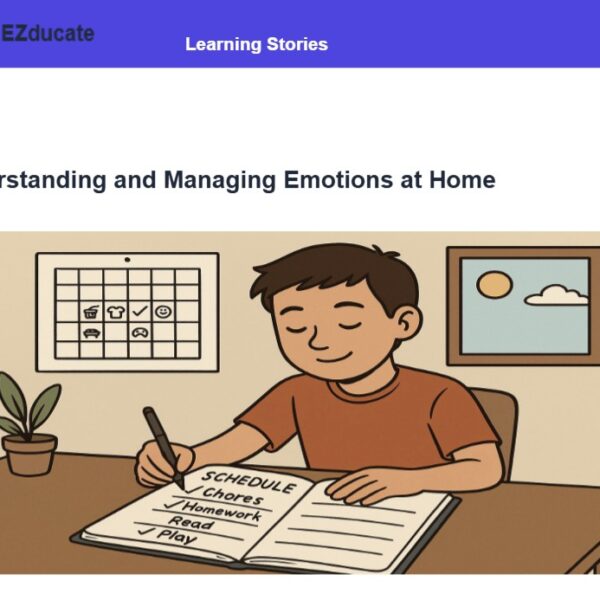 EZducate Social Story illustration showing a boy writing in his schedule with a visual calendar on the wall - Understanding and Managing Emotions at Home