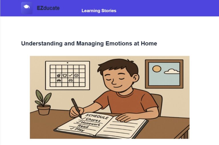 EZducate Social Story illustration showing a boy writing in his schedule with a visual calendar on the wall - Understanding and Managing Emotions at Home